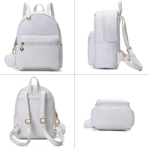 Cute 10 Inch Mini PU Backpack with D-Ring & Removable Fluffy Ball Charm for